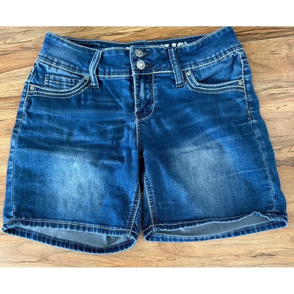 Hydraulic Denim Shorts Size‎ 5/6 Womens Blue Low Rise Double Button Thick Stitch